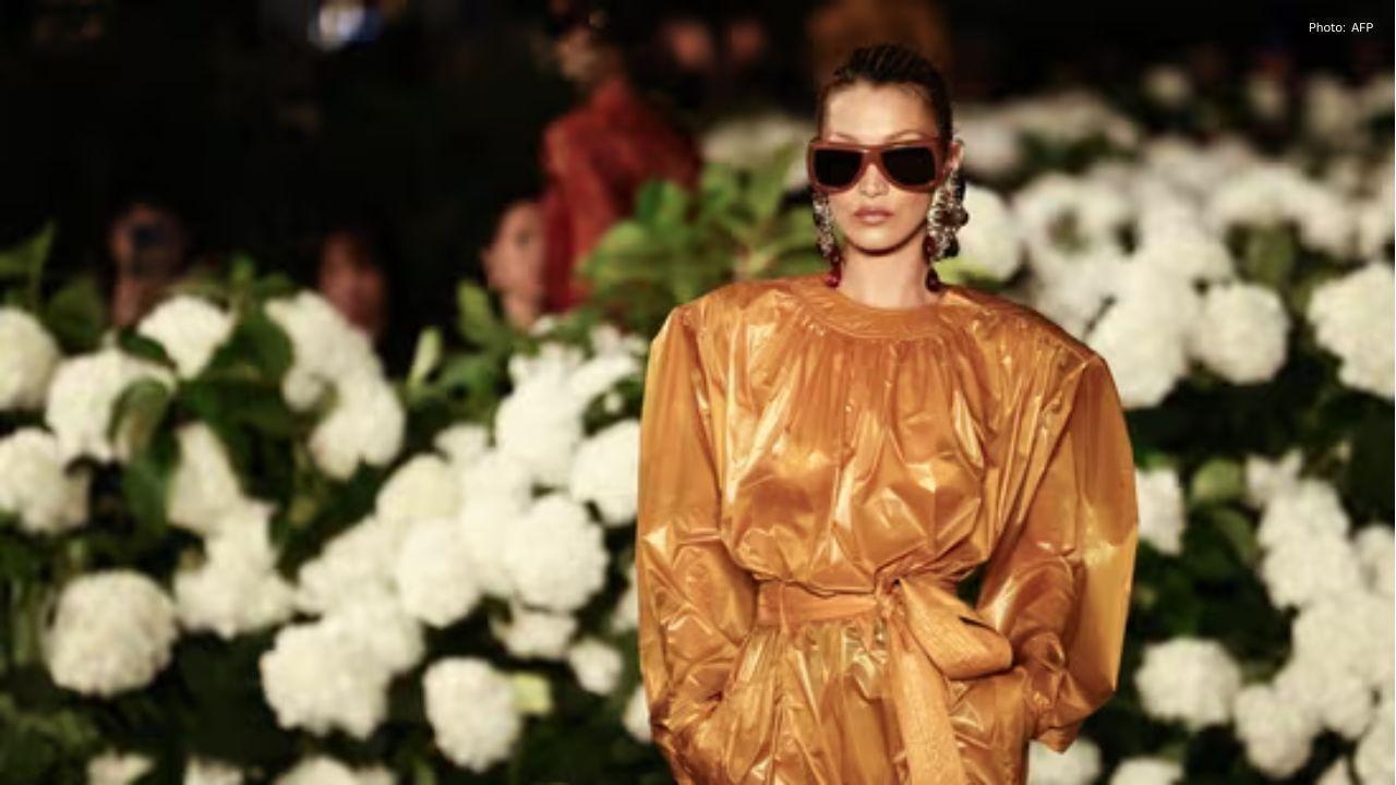 Bella Hadid mixes yellow and brown in two-tone look at San Vicente Bungalows