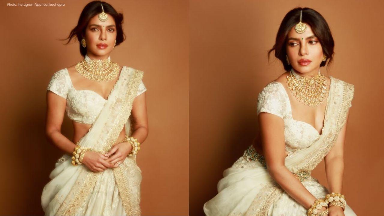 Priyanka Chopra Shines in White Lehenga at Varanasi Movie Reveal