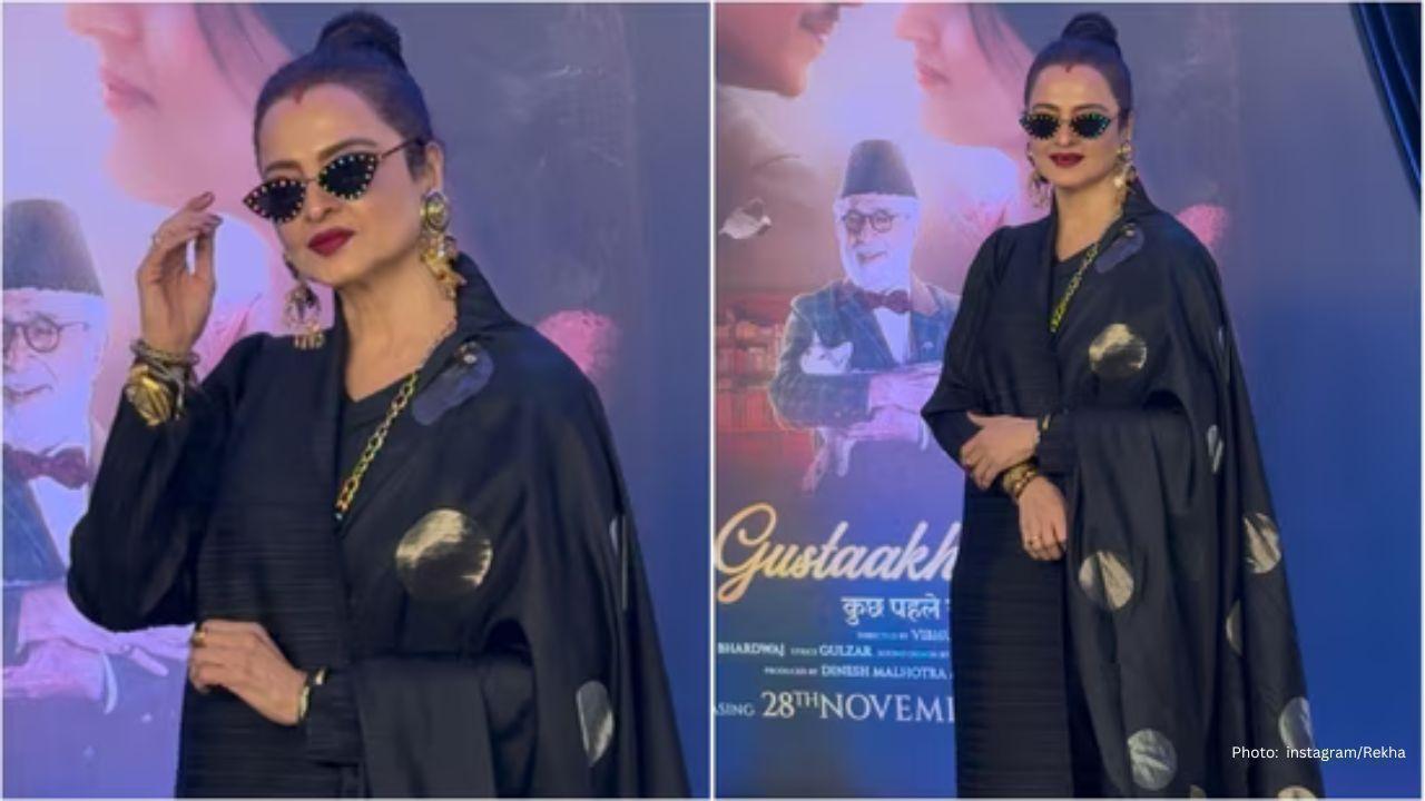 Rekha Stuns in Elegant Black Saree-Jacket Look at Gustaakh Ishq Screening
