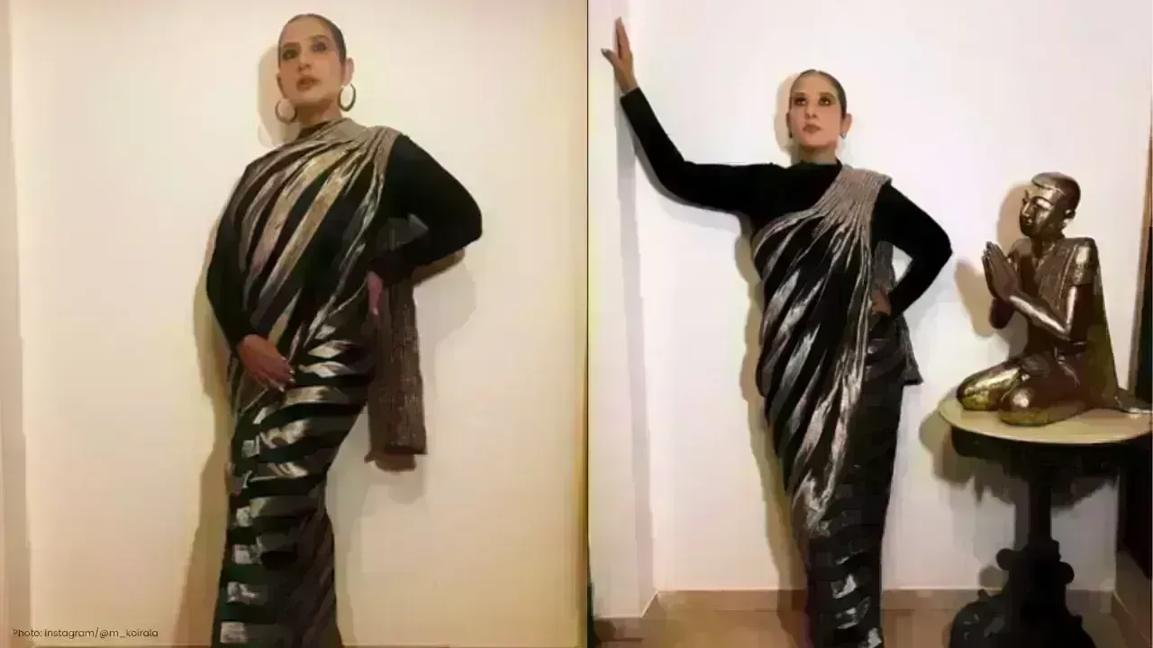 Manisha Koirala Dazzles in Stunning Gold-Black Saree at Film Premiere